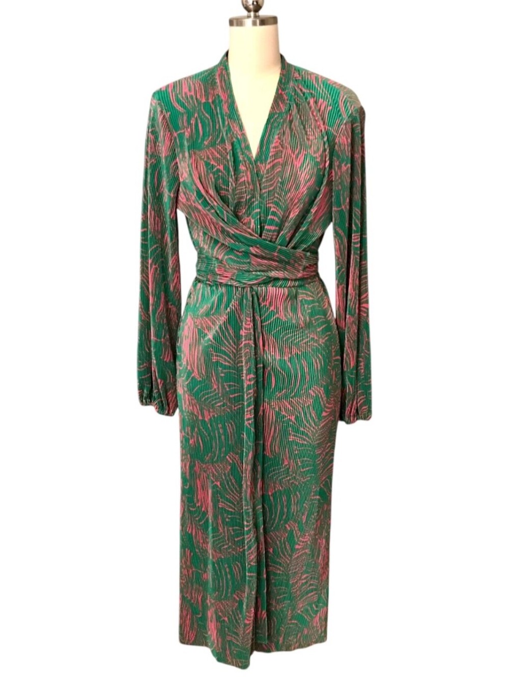 Intempo Plisse Accordion Kimono Duster Wrap Dress Green & Pink Palm Women’s M